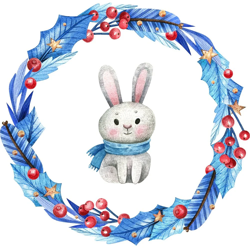 Bunny in a Wreath Fabric Panel - Blue