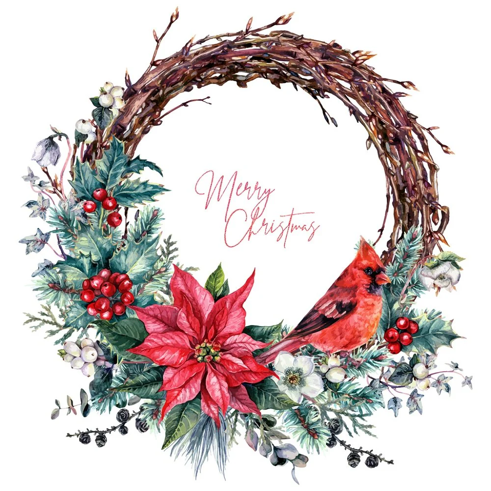 Cardinal Christmas Wreath Fabric Panel - Multi