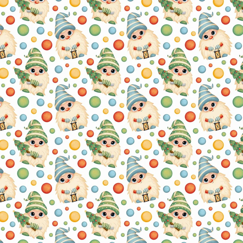 Cartoon Christmas Gnomes With Lanterns & Trees Fabric - Multi