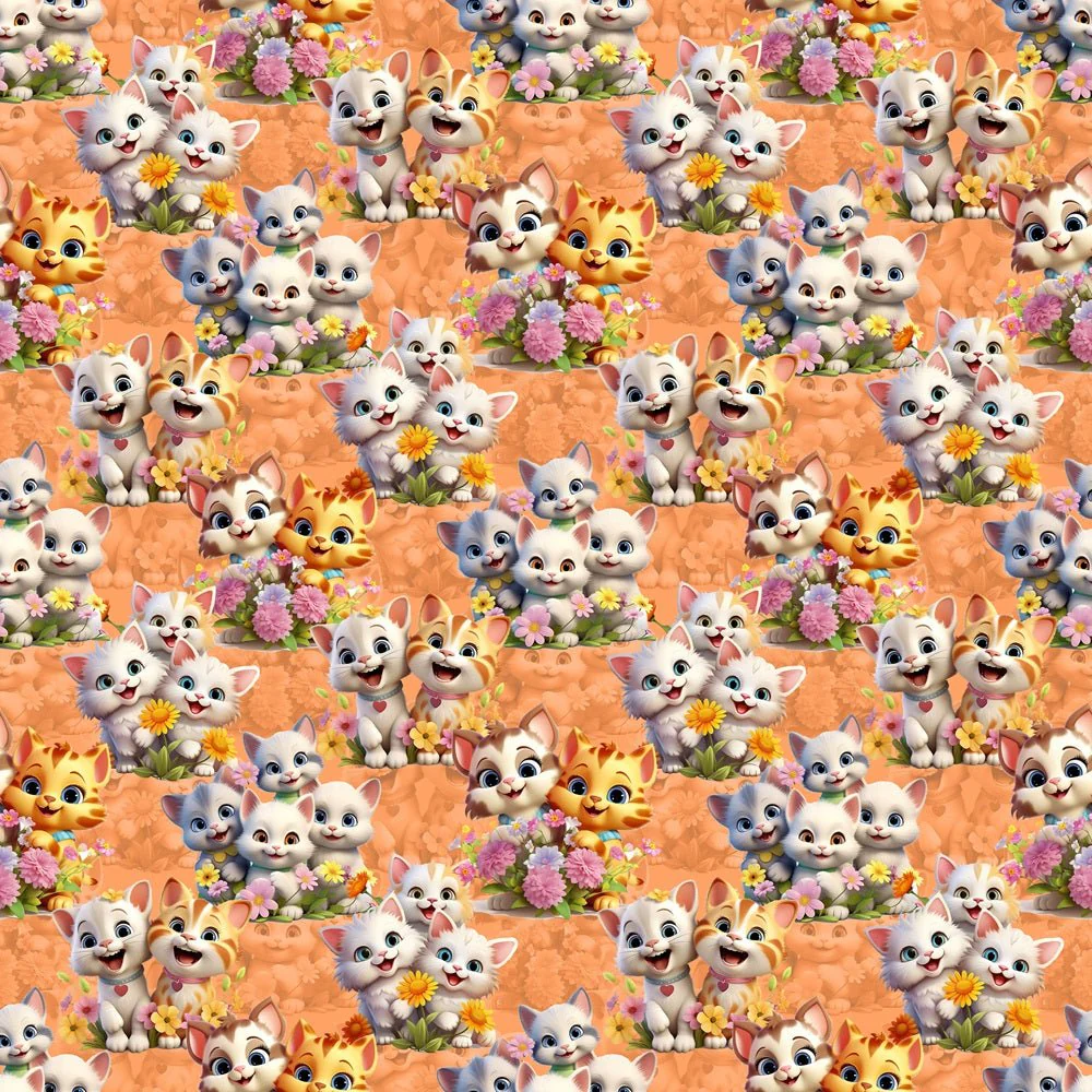 Cartoon Playful Kitten Fabric