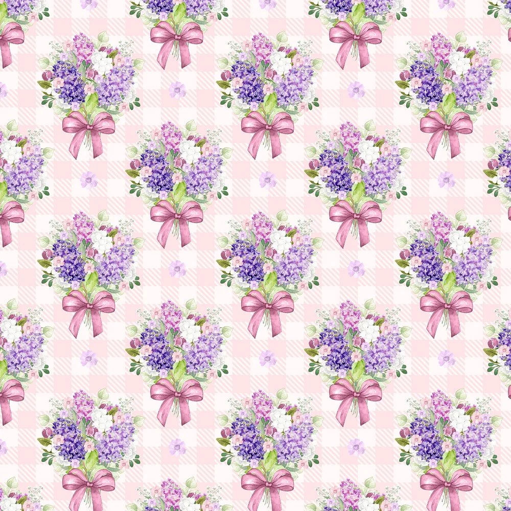 Checkered Lilac Bouquets Fabric - Pink