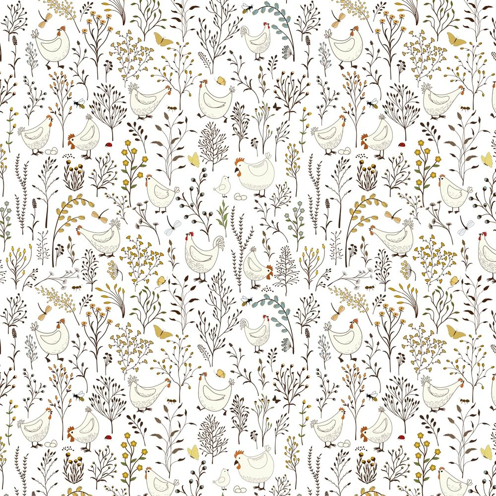 Chickens In The Garden Fabric - White