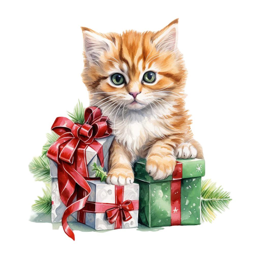 Christmas Animals Kitten #3 Fabric Panel