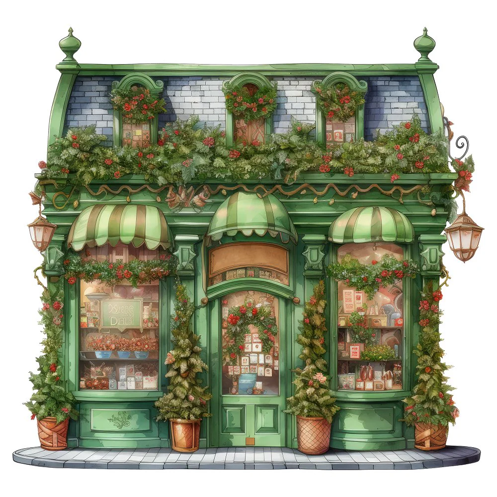 Christmas Gift Shop Storefront Fabric Panel - Green