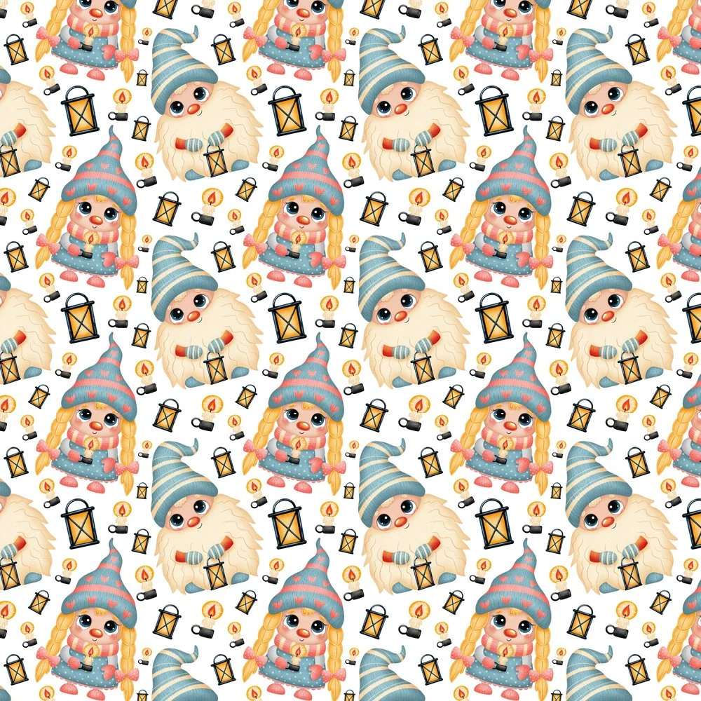 Christmas Gnomes With Lanterns Fabric - Blue