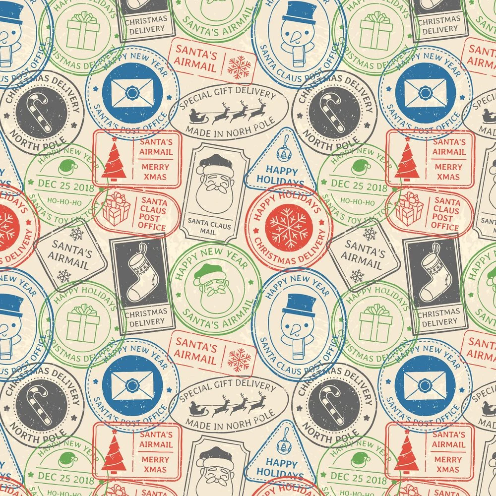 Christmas Postage Card Fabric - Tan