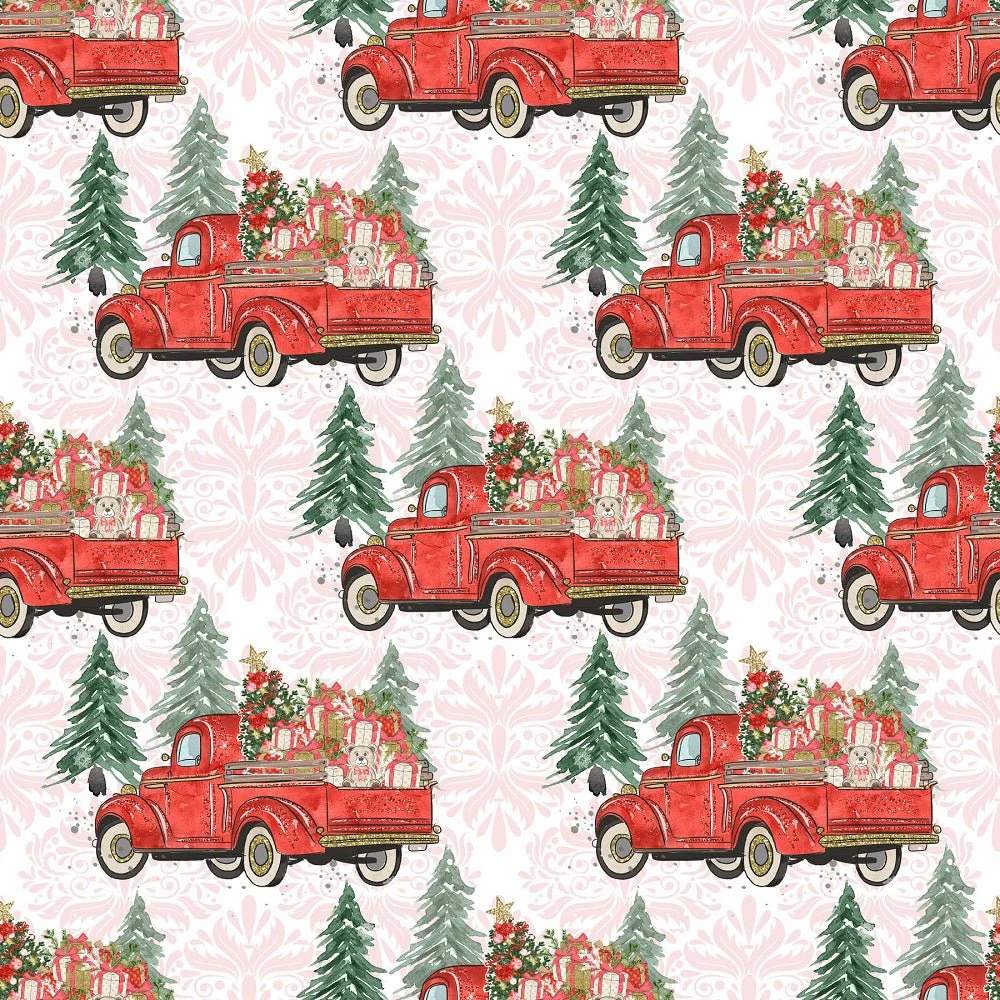 Christmas Trucks & Trees Fabric - Pink
