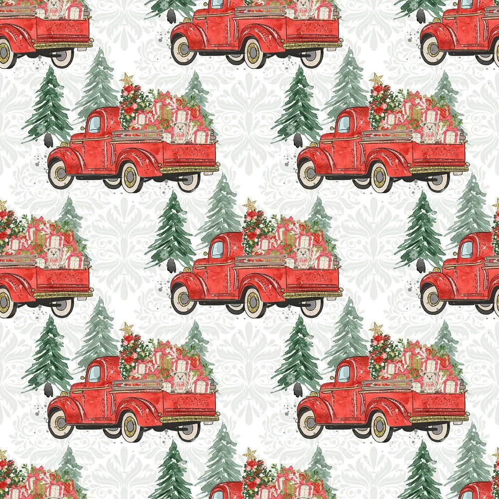 Christmas Trucks & Trees Fabric - White