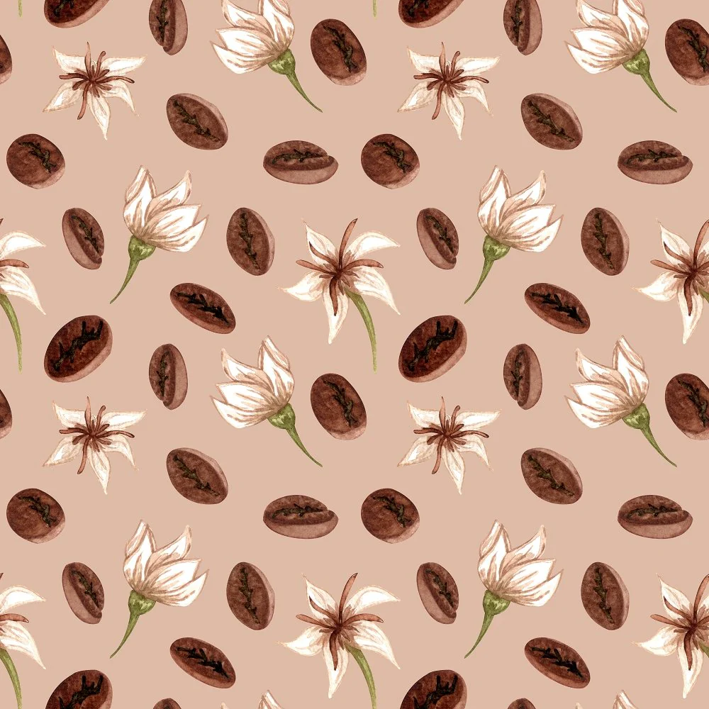 Coffee Bean and Flowers Fabric - Cream