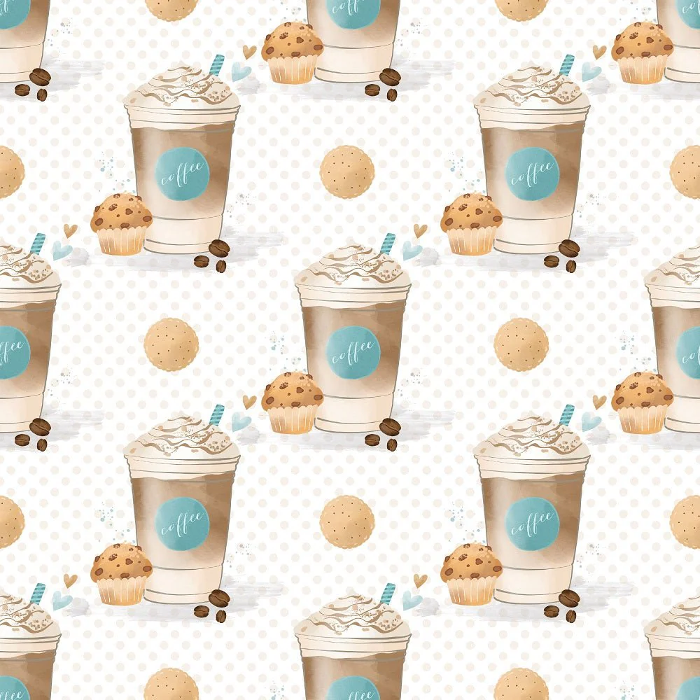 Coffee Cups on Polka Dots Fabric - White