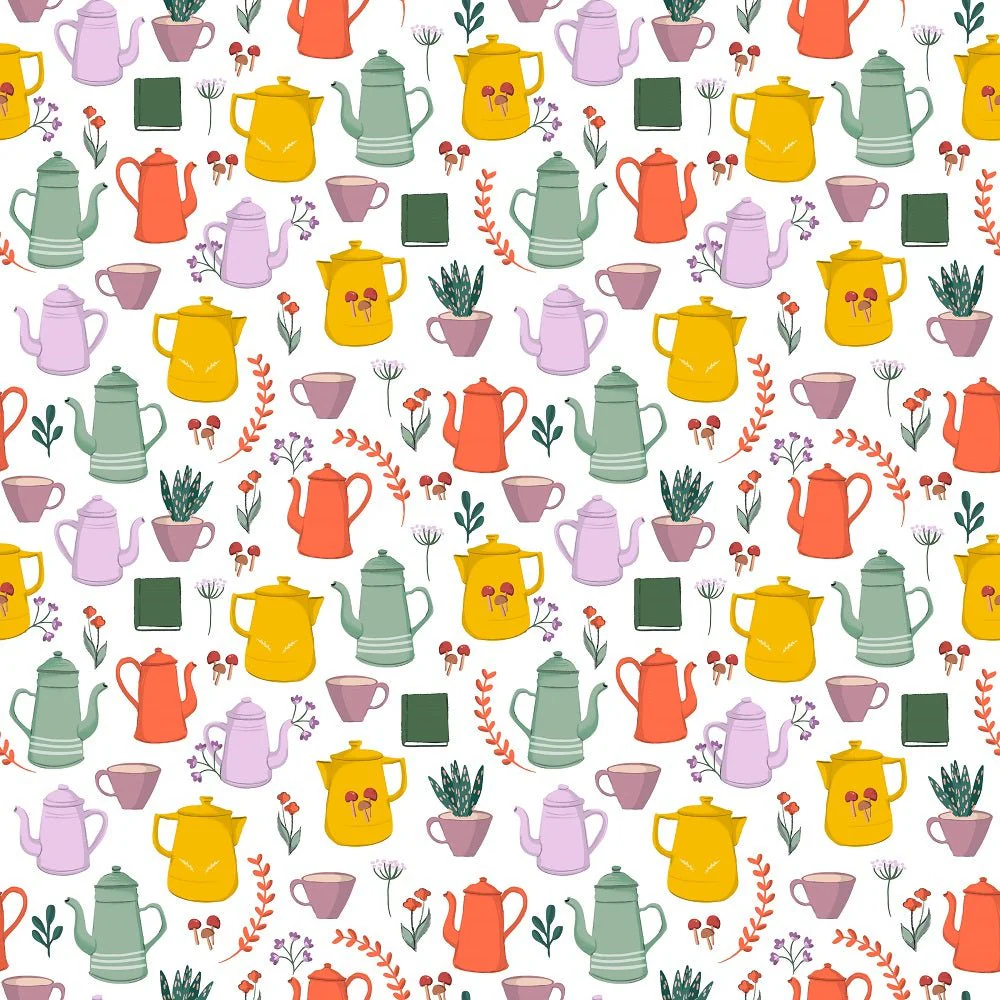 Coffee Lover Pots Allover Fabric - White