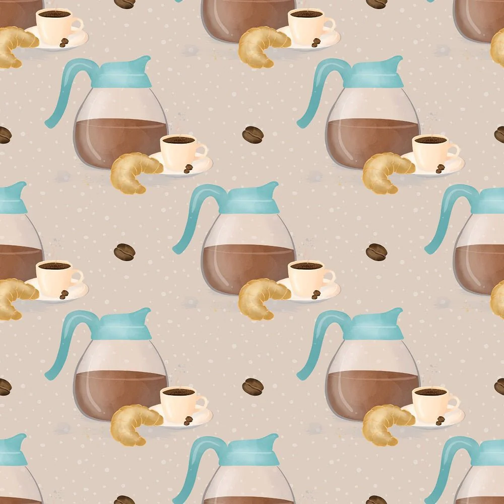 Coffee Pots on Irregular Dots Fabric - Tan