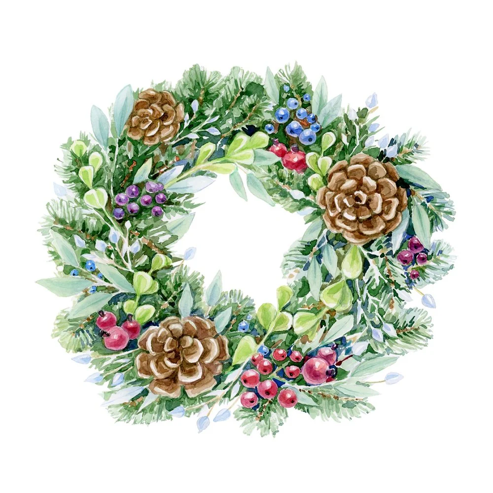 Crisp Winter Berry Wreath Fabric Panel
