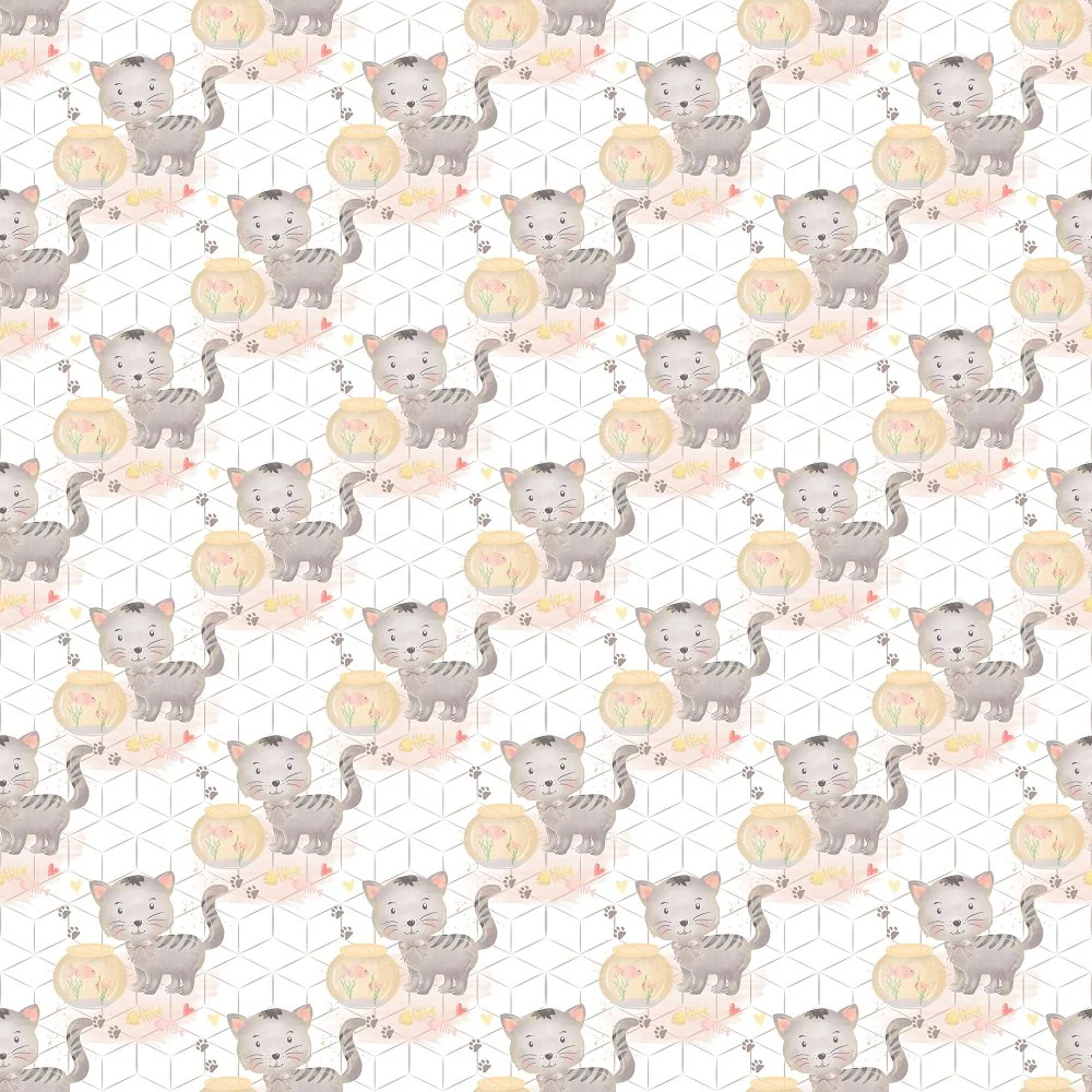 Curious Cat with Fish Bowl Fabric - White
