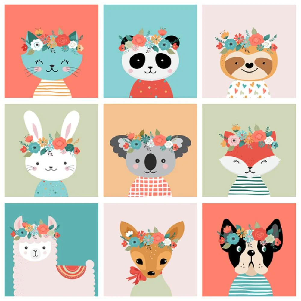 Cute Animal Collage Fabric Panel - White