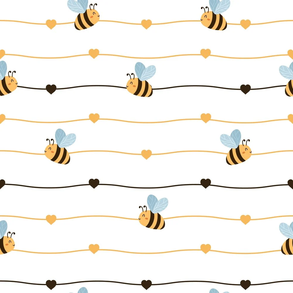 Cute Bees on Stripes Fabric - White