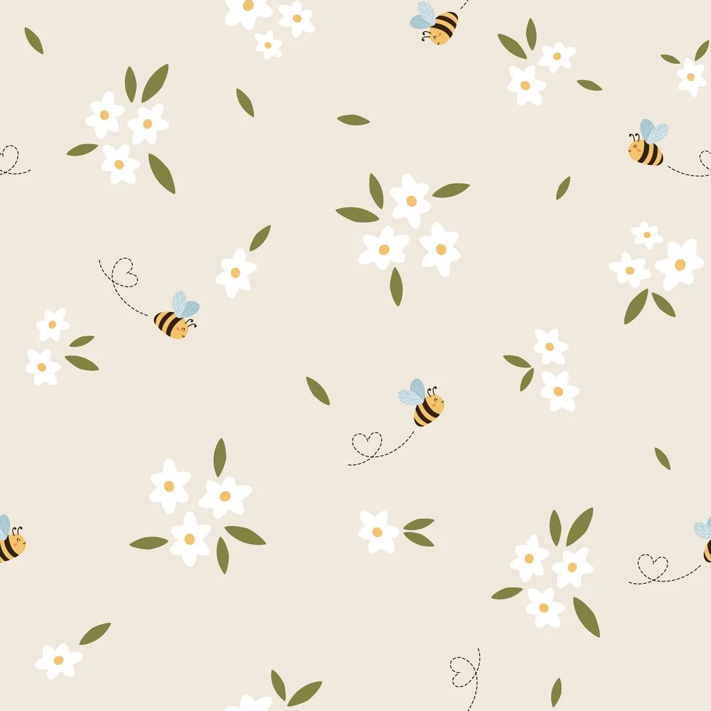 Cute Bees with Flowers Fabric - Tan
