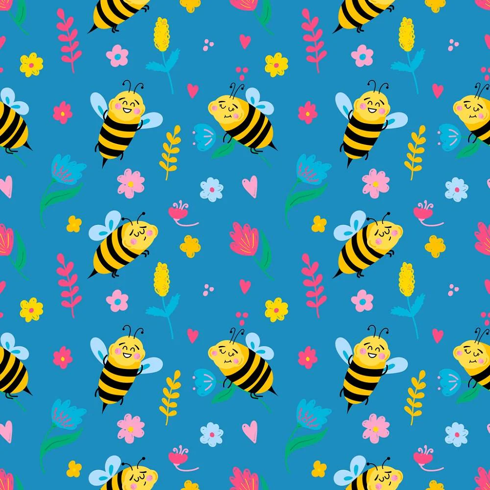 Cute Cartoon Bees & Flowers Fabric - Blue