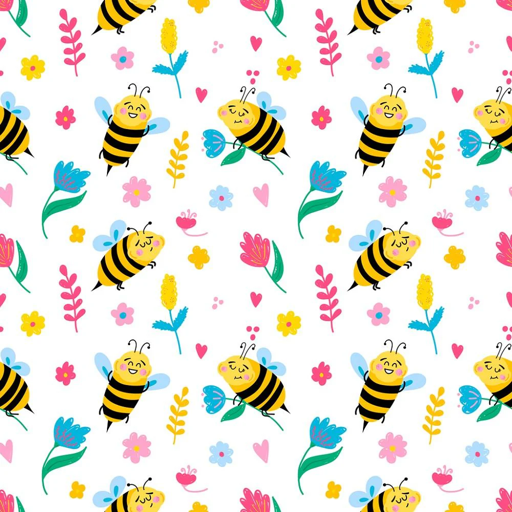 Cute Cartoon Bees & Flowers Fabric - White
