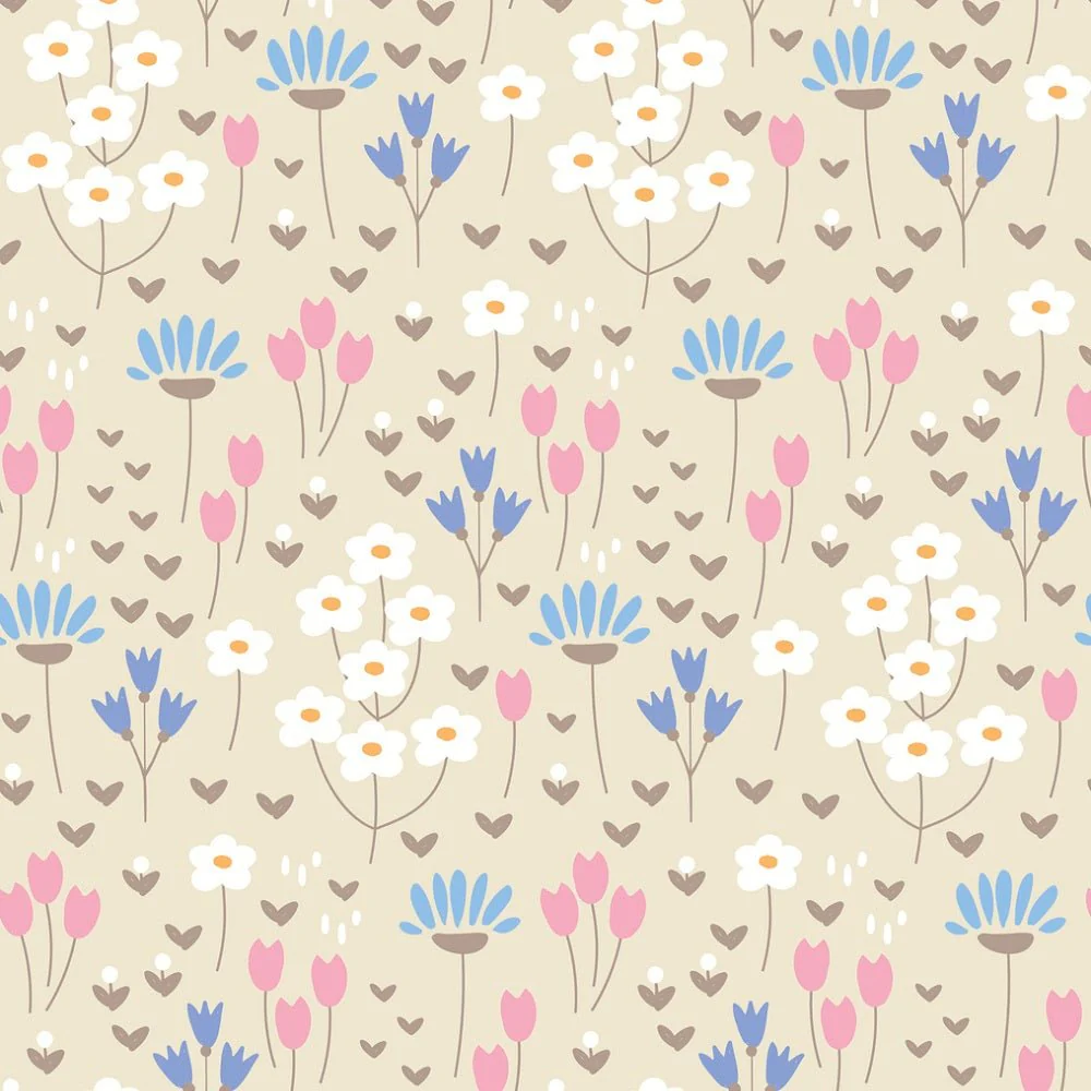Cute Doodle Flowers Fabric - Tan