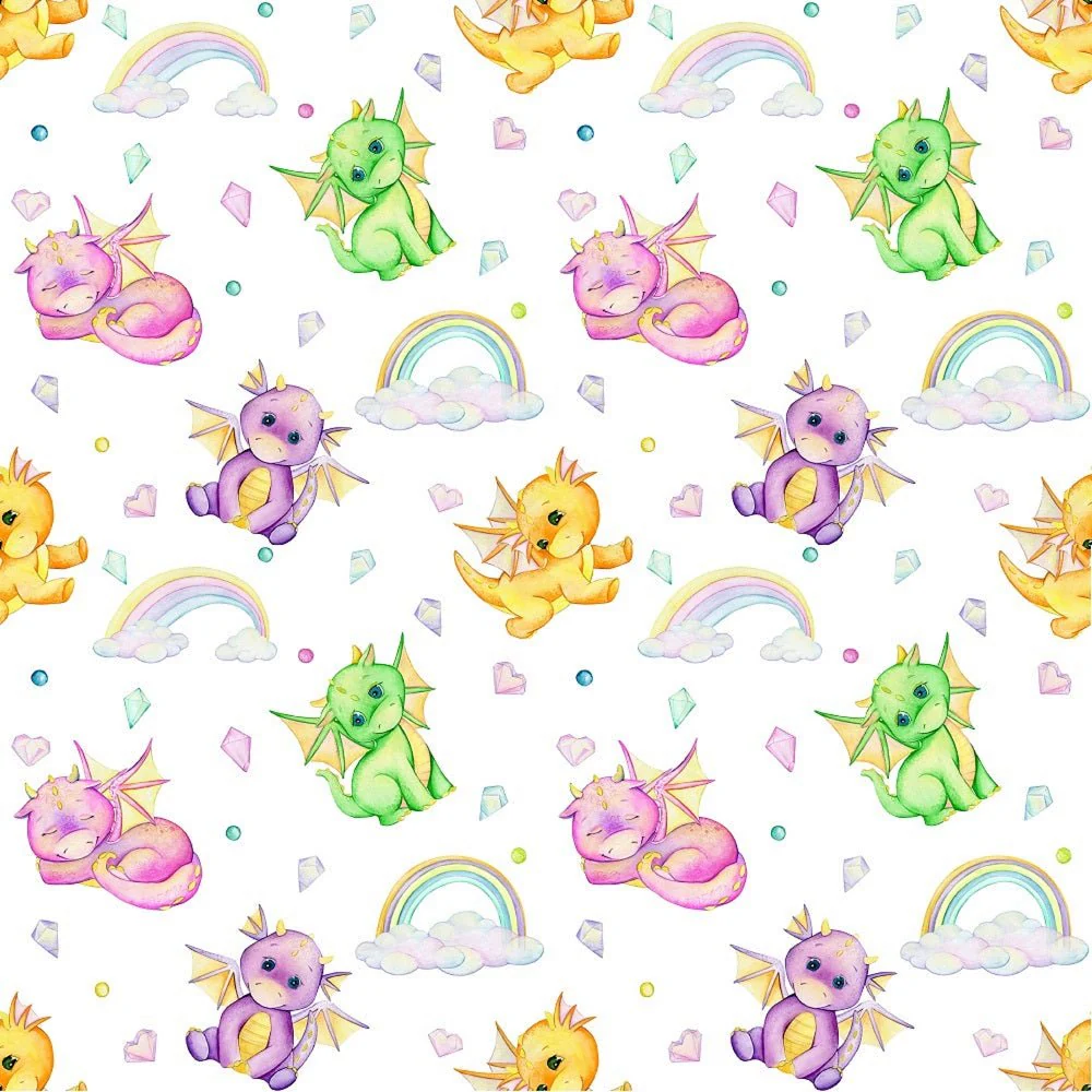 Cute Dragons, Rainbows, Hearts, & Crystals Fabric