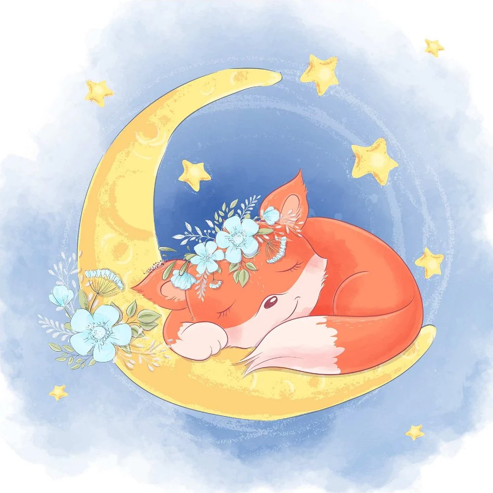Cute Fox Sleeping In The Sky Fabric Panel