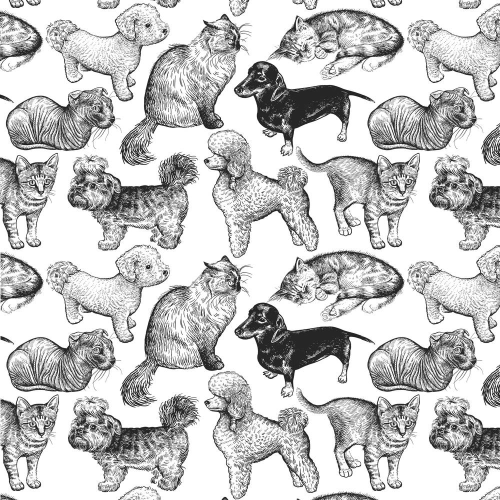 Cute Kitten and Puppy Fabric - White