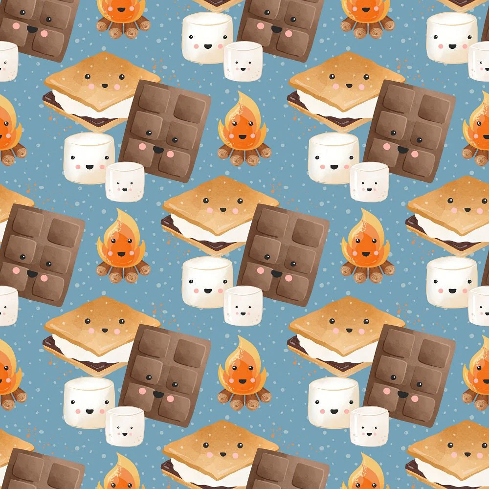 Cute Smores on Dots Fabric - Blue