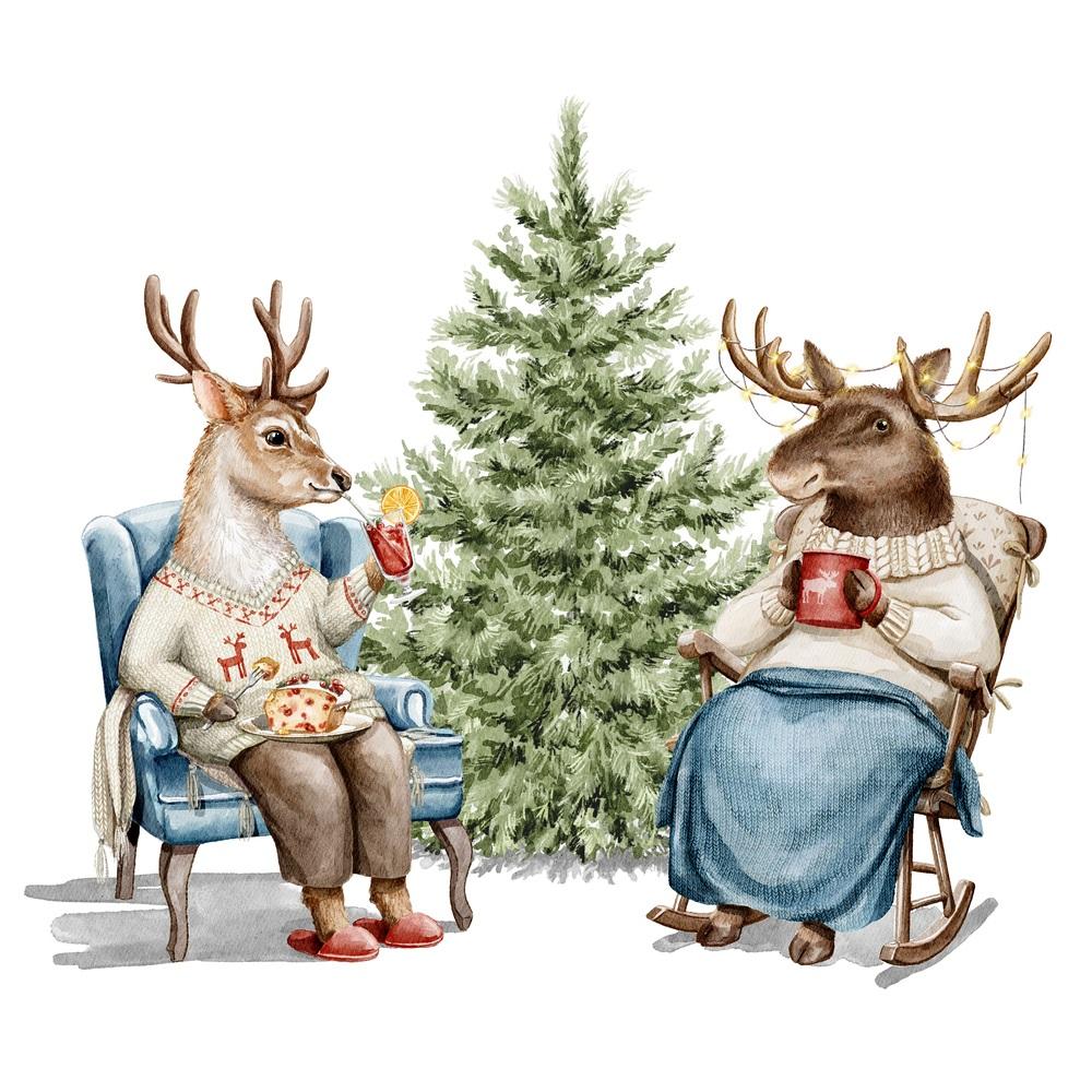 Deer & Moose Sipping Drink By Christmas Tree Fabric Panel
