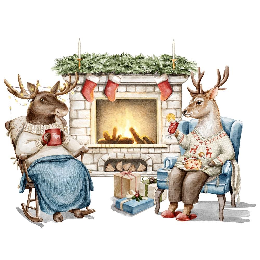Deer & Moose Sipping Drink By Fireplace Fabric Panel