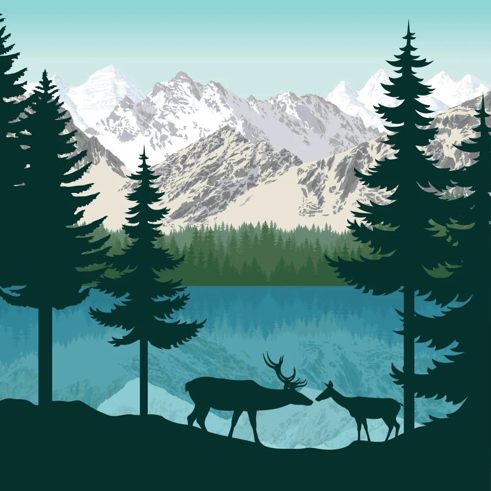 Deer Near Mountain Lake Fabric Panel