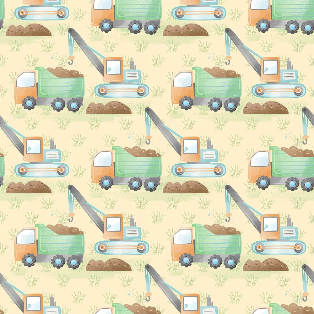 Diggers Excavators and Dump Trucks Fabric - Tan