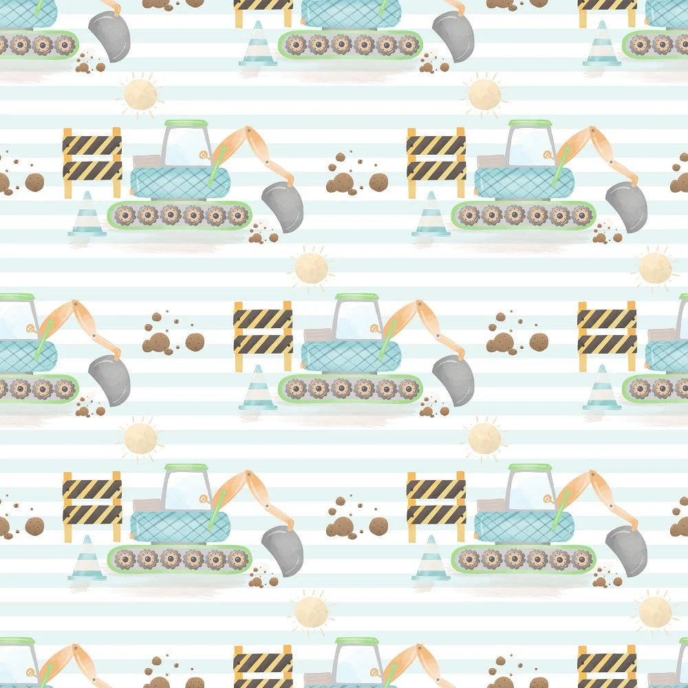 Diggers Excavators On Stripes Fabric - White