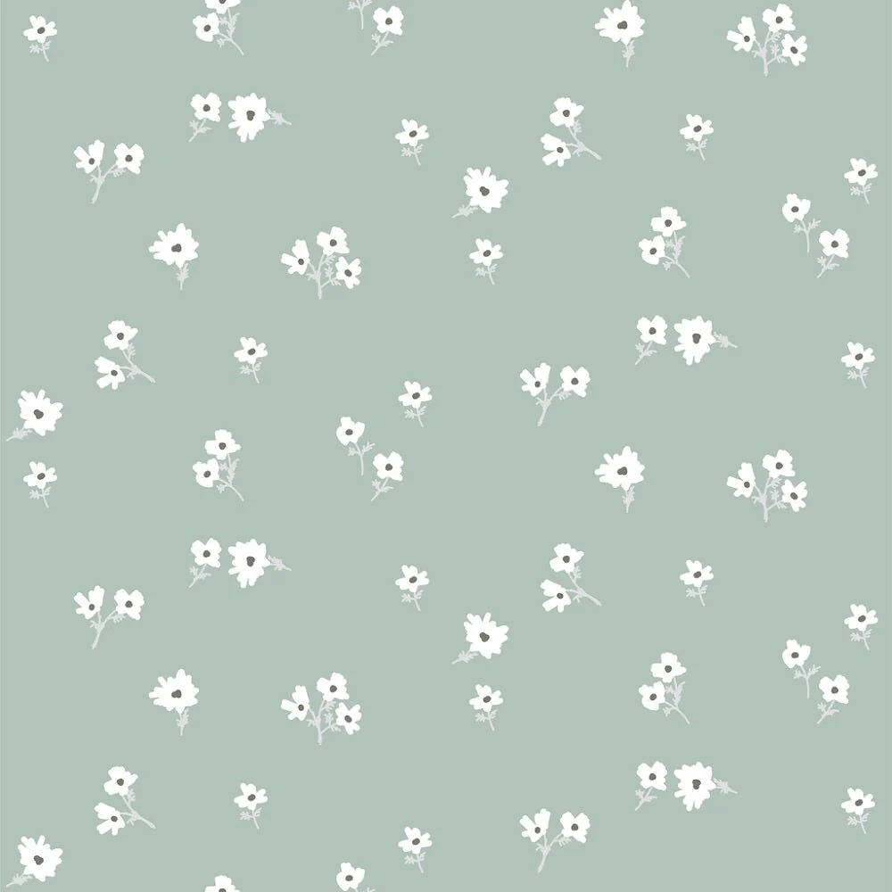 Ditsy White Flowers Fabric - Green