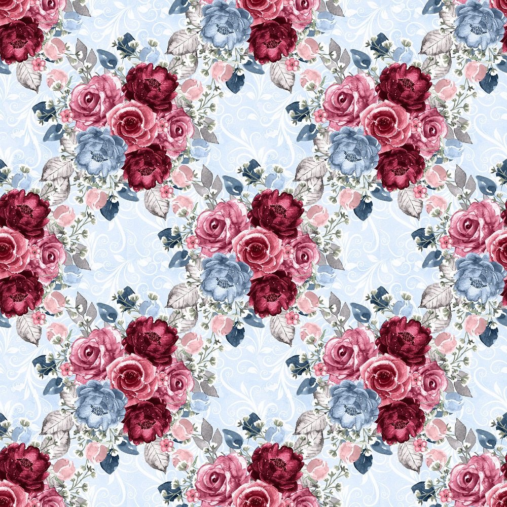 Dusty Blue and Burgundy Large Bouquets on Vines Fabric - Blue