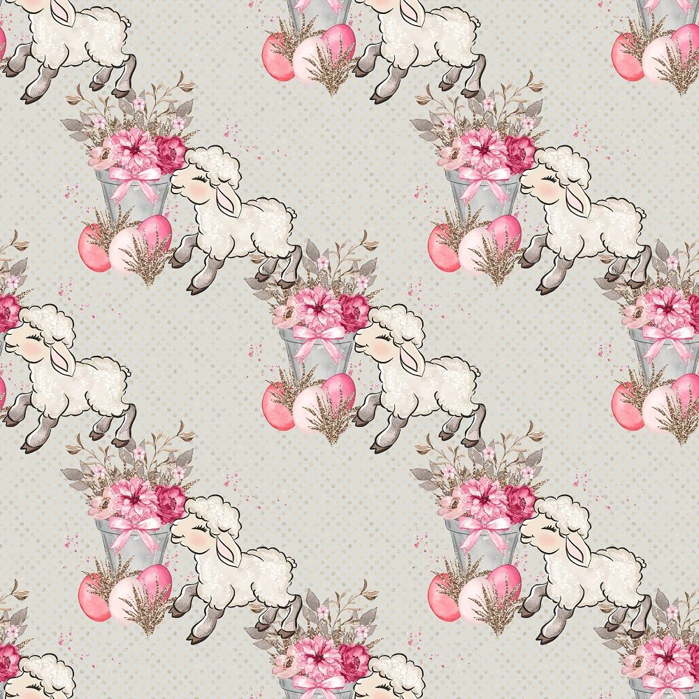 Easter Flowers & Lamb on Polka Dots Fabric - Light Gray
