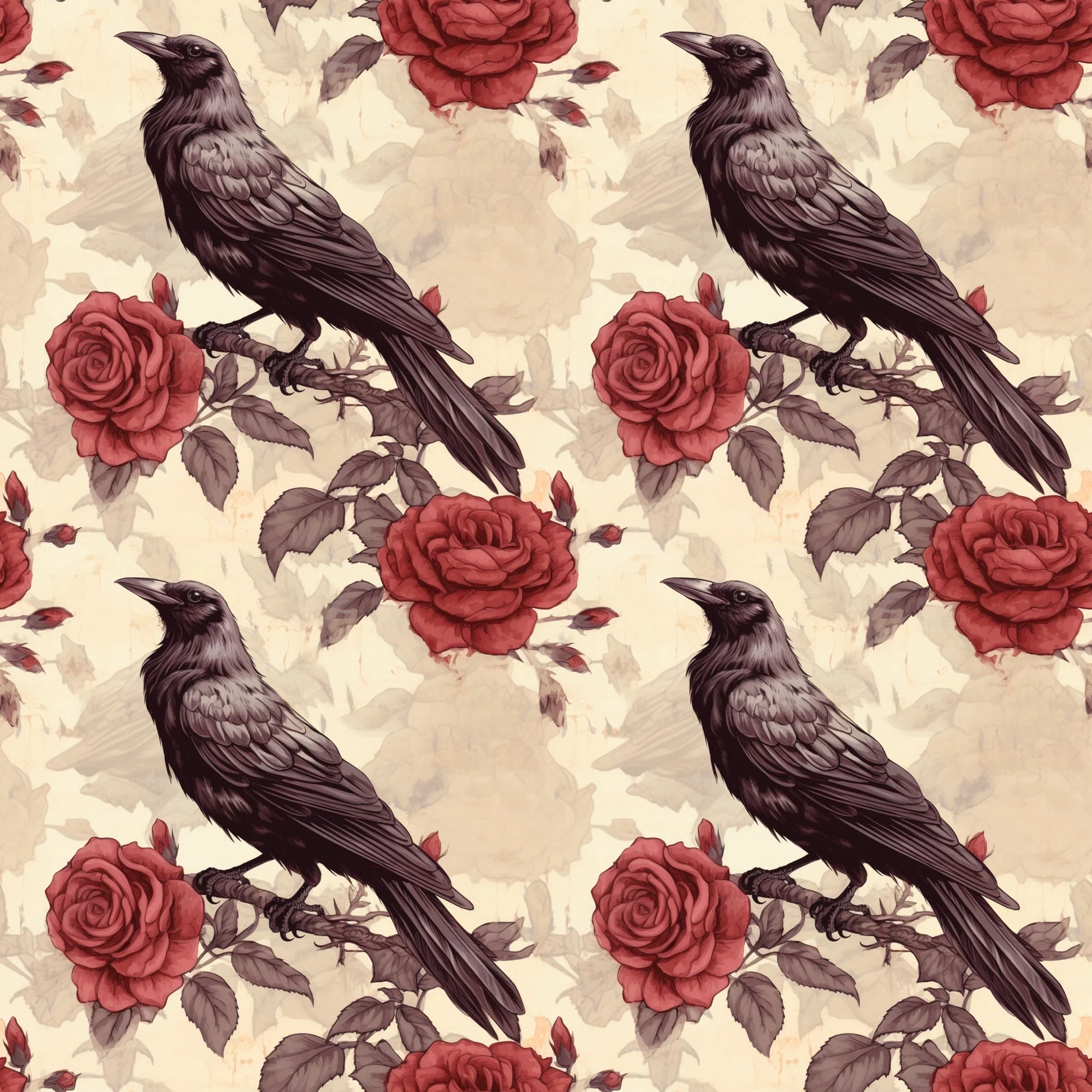 Edgar Allen Poe Crows & Roses #1 Fabric
