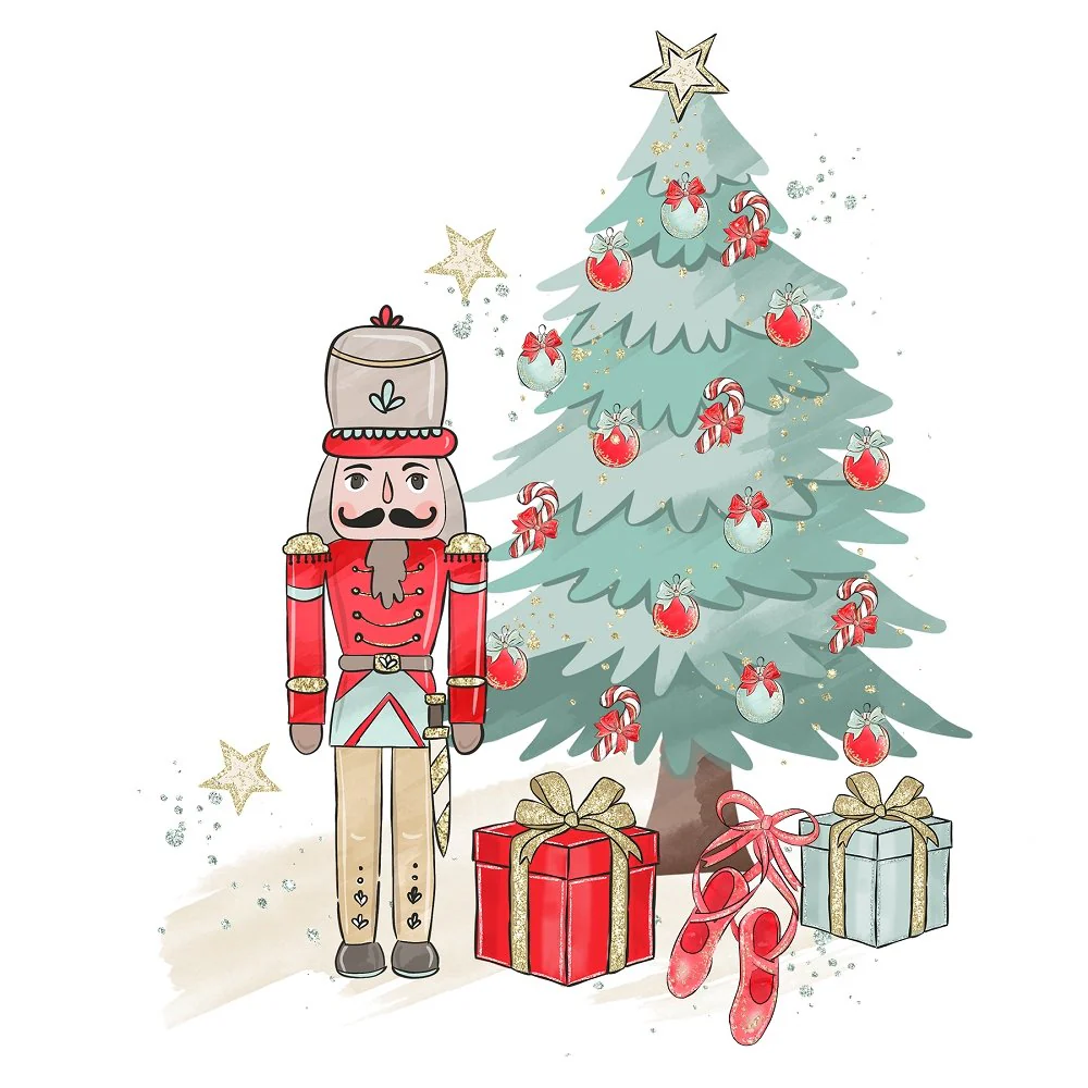 Elegant Nutcracker Next to Christmas Tree Fabric Panel - Red