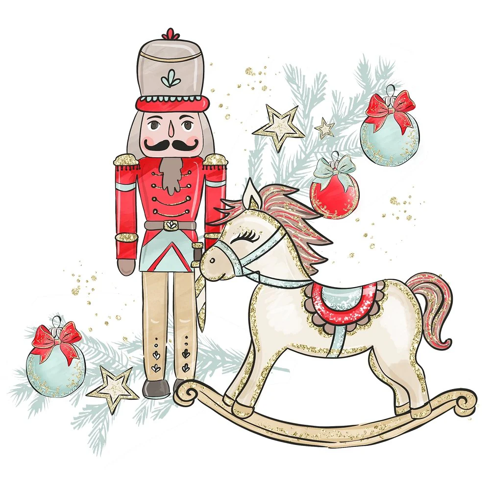 Elegant Nutcracker Next to Rocking Horse Fabric Panel - Red