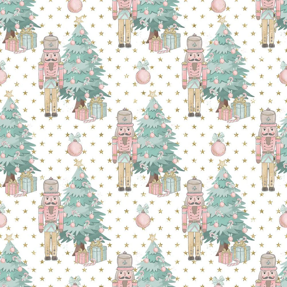 Elegant Nutcracker Next to Tree Stars Fabric - White