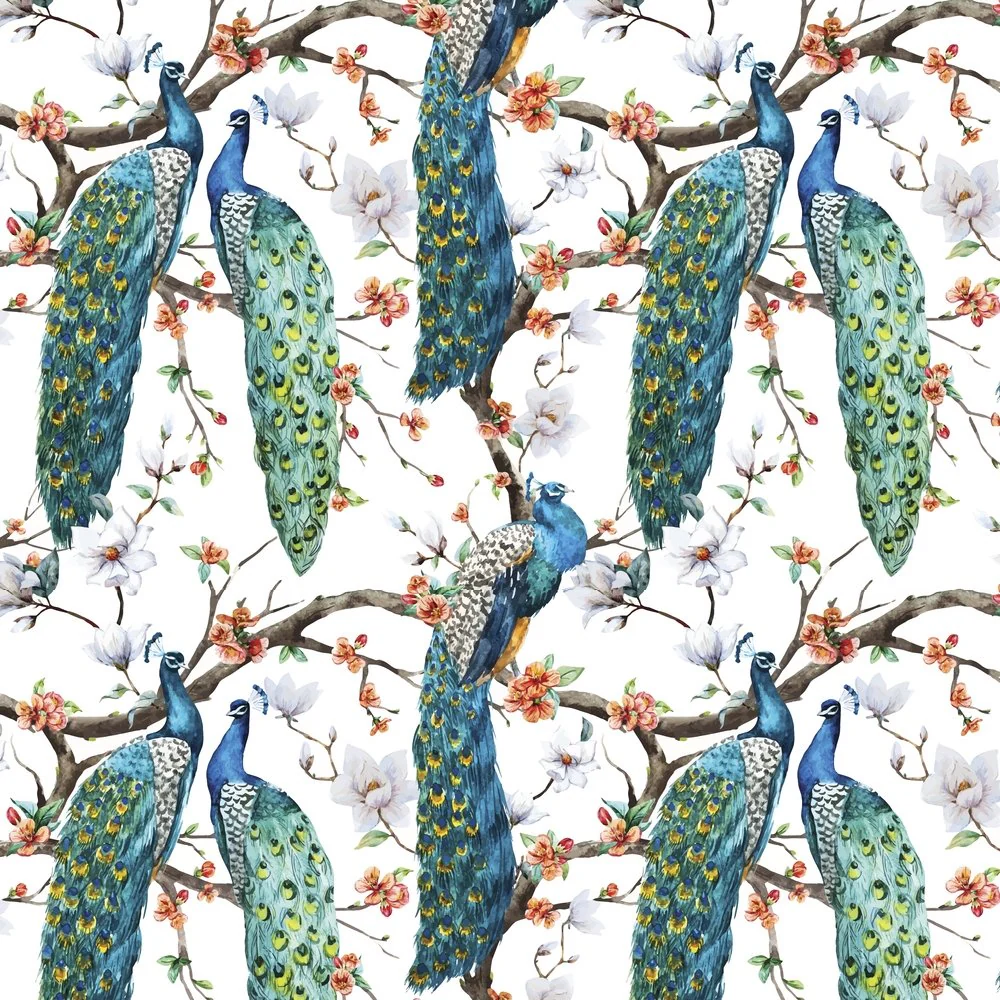Elegant Watercolor Peacock Fabric - Multi