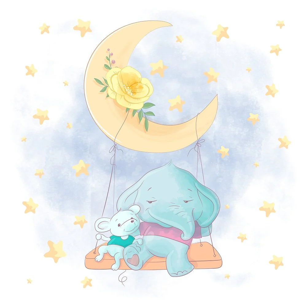 Elephant & Mouse Swinging In The Sky Fabric Panel