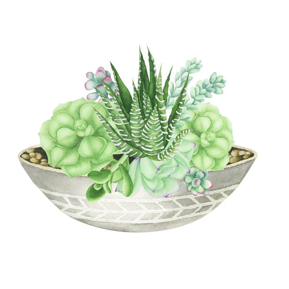 Emerald Watercolor Succulent Fabric Panel Variation 2