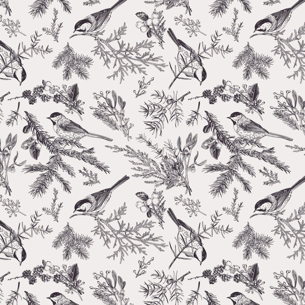 Engraved Winter Plants & Birds Fabric