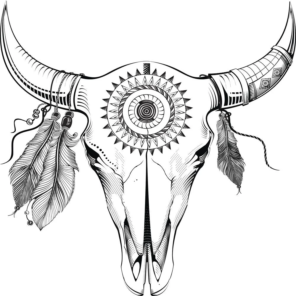 Ethnic Bull Skull Fabric Panel
