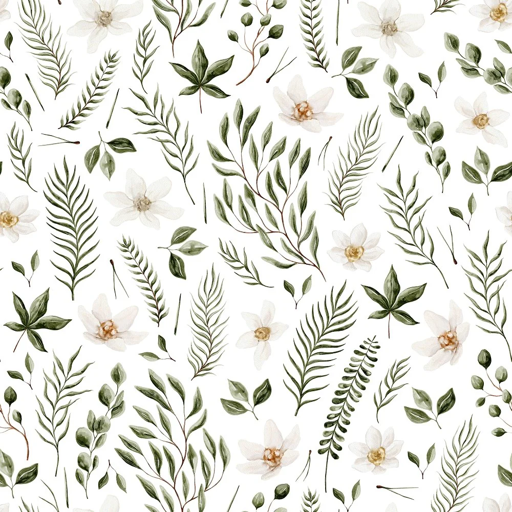 Evergreen Forest Floral #1 Fabric - White