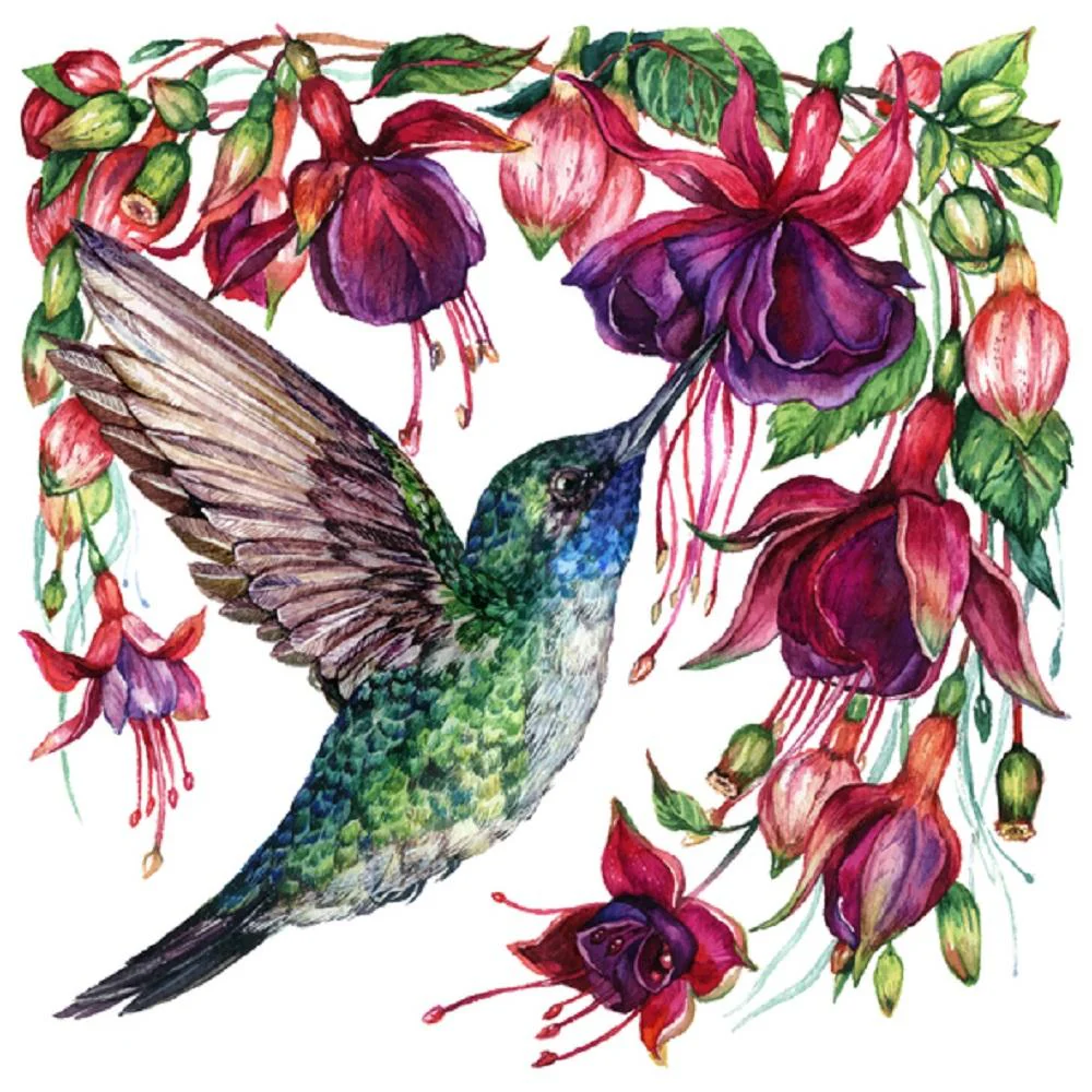 Exotic Flowers & Hummingbird Fabric Panel - White