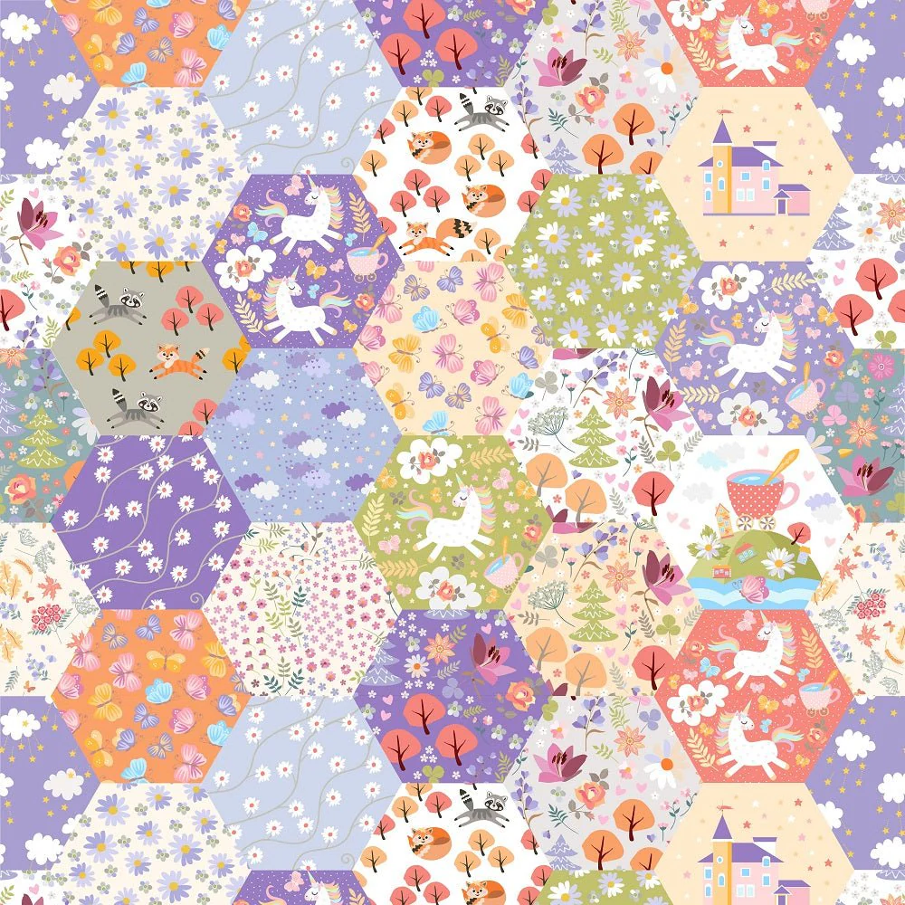 Fairytale Patchwork with Unicorns, Butterflies and Flowers Fabric