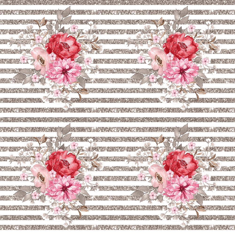 Floral Bouquet & Stripes Fabric - Gray