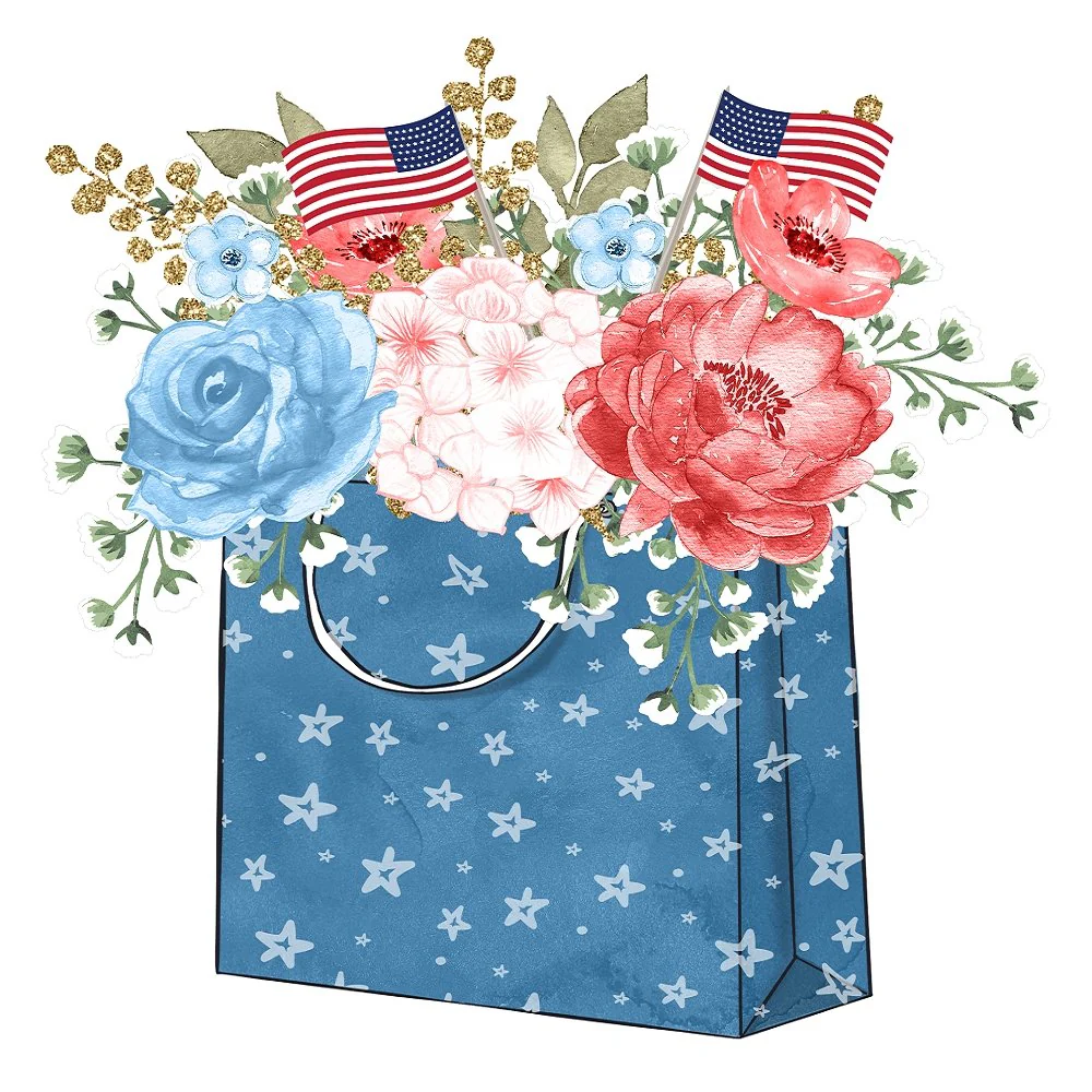 Floral Gift Bag With Flags Fabric Panel - Blue